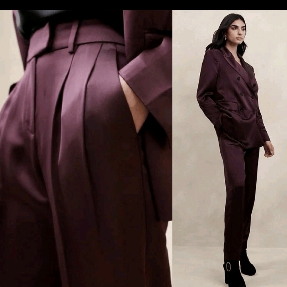 Banana Republic Isa Pleated Italian Satin Pants Purple Prune Vino Rosso Burgundy